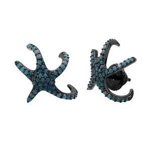 Sterling Silver 925 Black Rhodium Plated Hugging CZ Starfish Turquoise Earrings